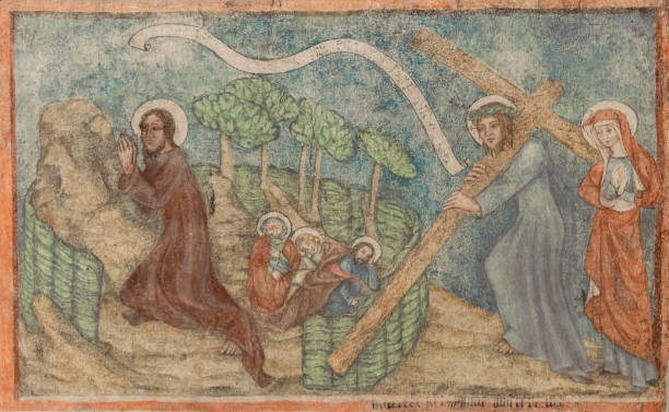 istock Ancient catholic fresco with Christ crucifixion scene. Medieval Easter Icon 1545080127
