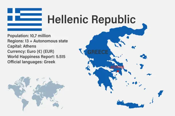 Vector illustration of Highly detailed Greece map with flag, capital and small map of the world
