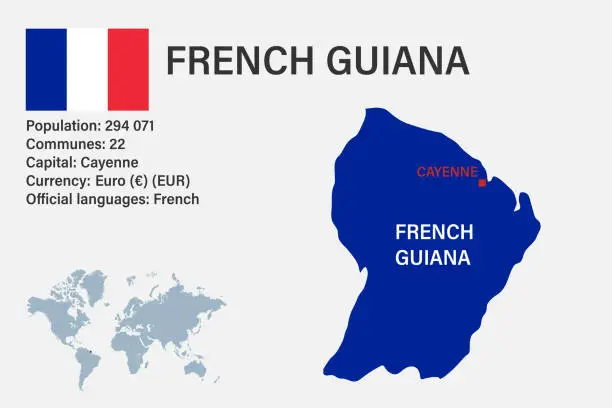 Vector illustration of Highly detailed French Guiana map with flag, capital and small map of the world