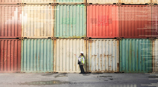 istock Shipping container cargo engineer black woman check distribution supply chain logistics and delivery storage. Logistics, business and industry manager audit working at freight stock export company 1545098141