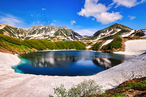 Mikuriga Pond reflecting the Tateyama mountain range of the Northern Alps in Japan