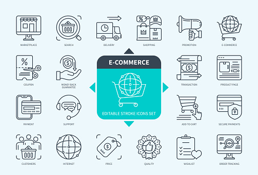 Editable line E-commerce outline icon set. Money Back, Transaction, Delivery, Promotion, Secure Payments, Price, Support, Marketplace. Editable stroke icons EPS