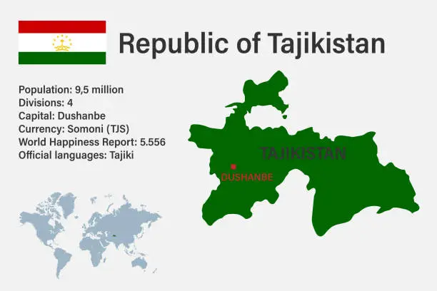 Vector illustration of Highly detailed Tajikistan map with flag, capital and small map of the world