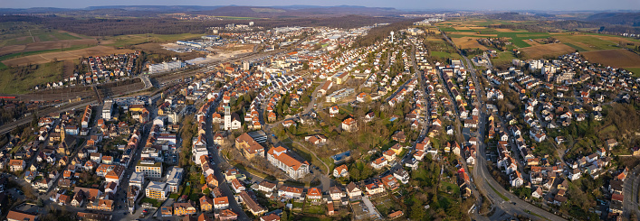 Aerial view around the old town center of the city Mühlacker in Germany