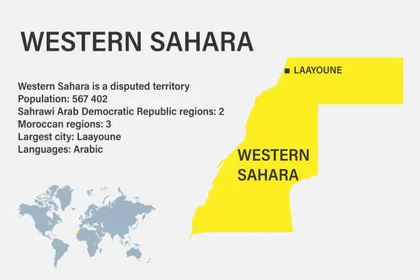 Vector illustration of Highly detailed Western Sahara map with flag, capital and small map of the world