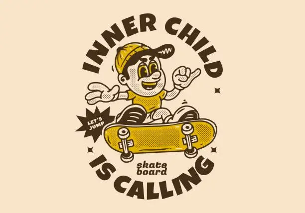 Vector illustration of Inner child is calling, Mascot character of a boy on a skateboard