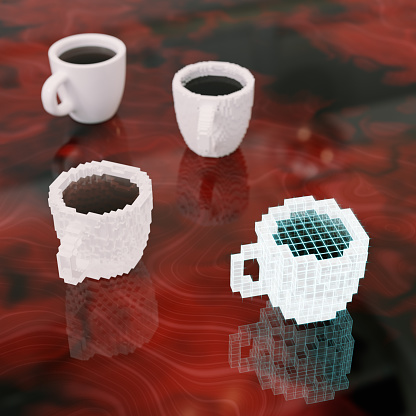 This image shows a metaverse simulation of cofee cups. They appear to gradually turn into a virtual version. The foreground cup board is pixelated and blocky, giving it a digital appearance.