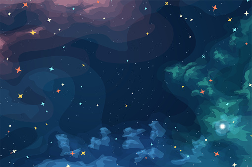 illustration of cartoon style colorful space with different color of gas clouds