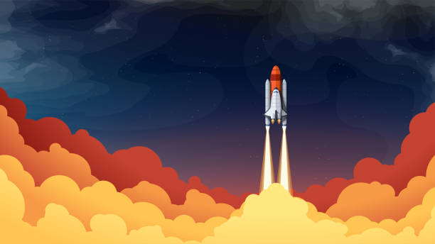 space shuttle takeoff with colored bright clouds illustration of spacecraft takeoff. Beautiful dark deep space with bright colored clouds kick off stock illustrations