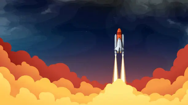 Vector illustration of space shuttle takeoff with colored bright clouds