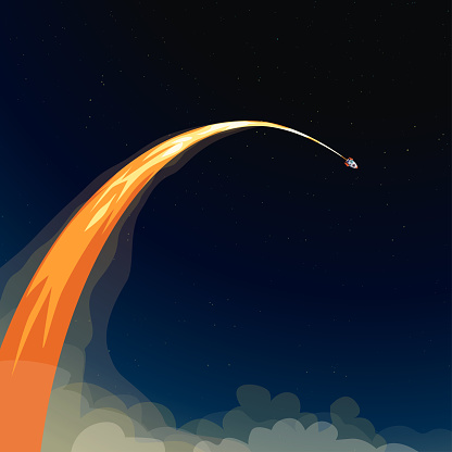 illustration of starting space rocket with fire stream on dark space back