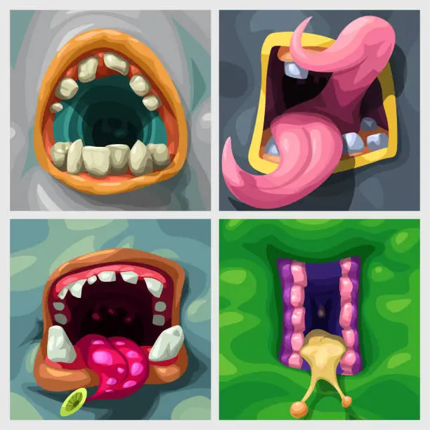Vector illustration of various shapes and color monsters mouth set