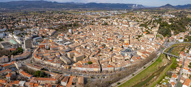 Aerial view around the old town of the city Montelimar in France on a sunny day in early spring.