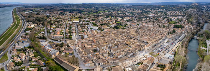 Aerial view around the old town of the city Roquemaure in France on a sunny day in early spring.
