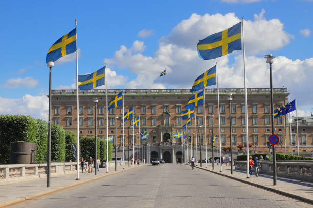 schwedische flaggen - stadsholmen stock-fotos und bilder