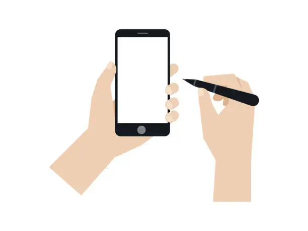 Vector illustration of Hand holding a smartphone while use stylus pencil, Vector.