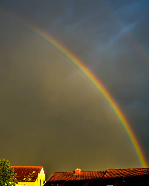 istock Rainbow in dark sky over sunlit roofs 1545184093