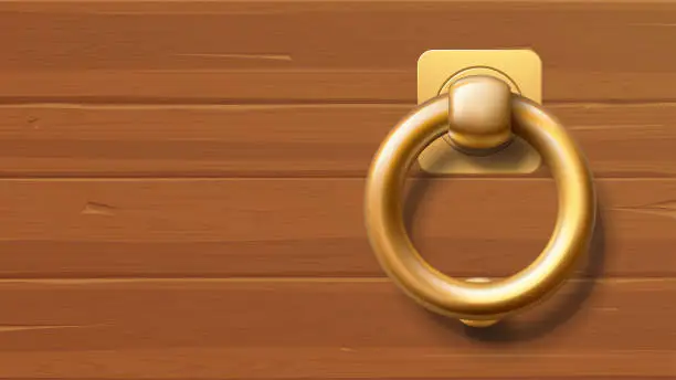 Vector illustration of gold color door knob on wooden texture