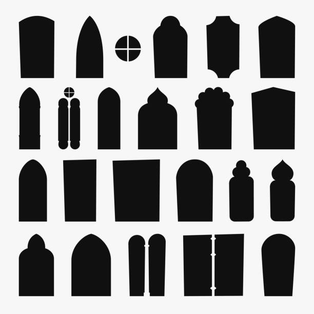 ilustraciones, imágenes clip art, dibujos animados e iconos de stock de siluetas medievales de varias formas de ventana en conjunto - gothic style castle church arch