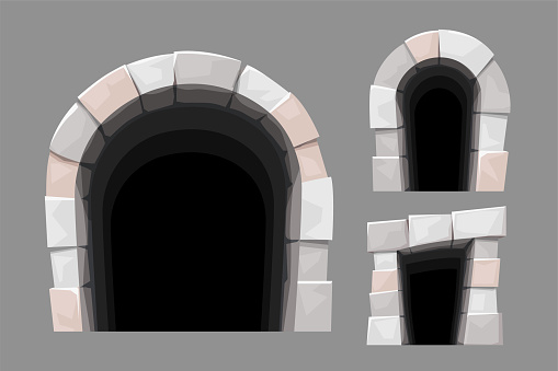 illustration of different shapes of medieval tunnel entrance front view isolated on grey background