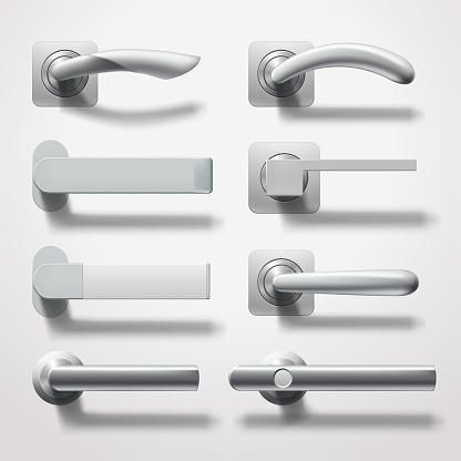 illustration of different door handles set front view in realistic modern design with shadows on white backdrop