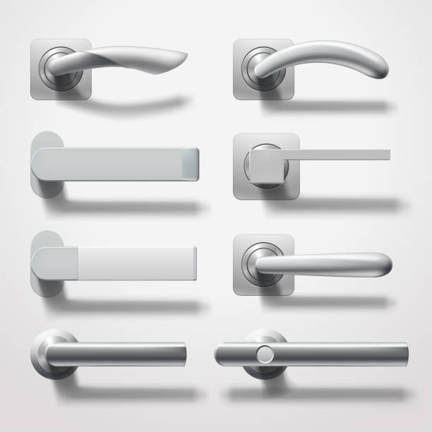 realistic door handles in set on white illustration of different door handles set front view in realistic modern design with shadows on white backdrop door handle stock illustrations