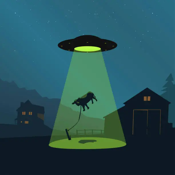 Vector illustration of a ufo spaceship abducting cow from village