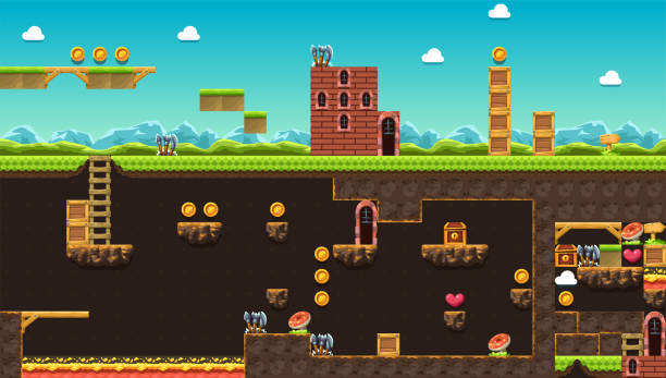 illustrazioni stock, clip art, cartoni animati e icone di tendenza di livello del videogioco con vista laterale degli elementi - background tile video