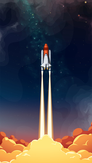 illustration of rocket vertical start with fire clouds anf dark star sky