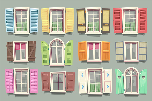 illustration of cartoon style vintage windows with various shapes and design shutters isolated on bright backdrop