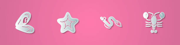 istock Set paper cut Mussel, Starfish, Eel and Lobster icon. Paper art style. Vector 1545209433