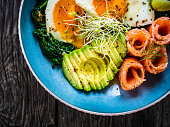 Lox with sunny side up eggs, avocado and leafy vegetables on wooden table