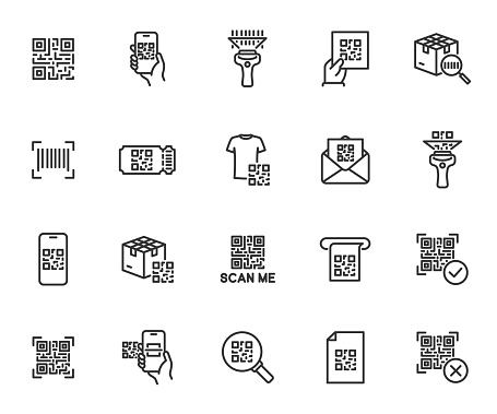 Vector set of QR code line icons. Contains icons show code, scan me, barcode, scanner, package code, ticket, scanning process and more. Pixel perfect.