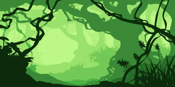 Vector illustration of a green cartoon dense rainforest silhouette style