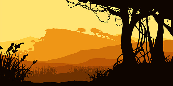illustation of african landscape at sunset colors in silhouette layer design