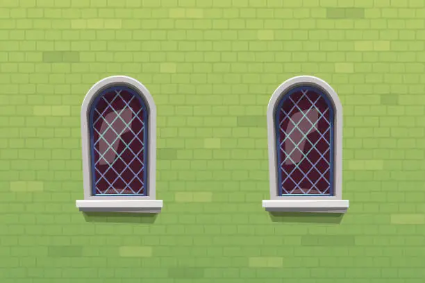 Vector illustration of medieval windows on green color brick wall