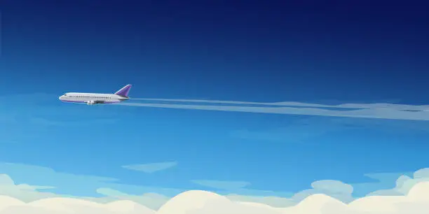 Vector illustration of modern commercial airplane side view above clouds