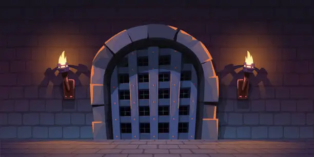Vector illustration of a wooden medieval vault gates firing torches