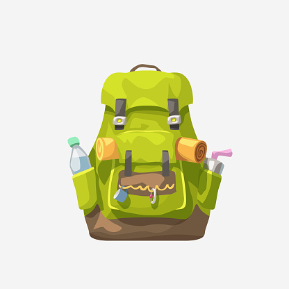 illustration of green tourist backpack in simple design isolated on white backdrop