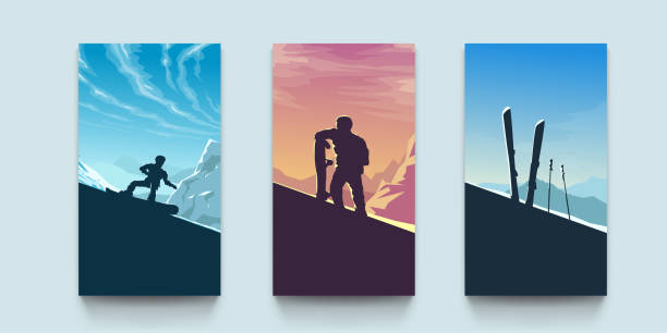 ilustrações de stock, clip art, desenhos animados e ícones de various ski landscape posters on grey color - snowboarding snowboard skiing ski