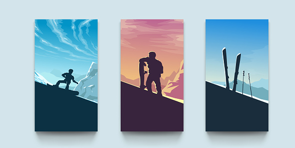 illustration of three different ski posters in flat silhouette design on boards with shadows