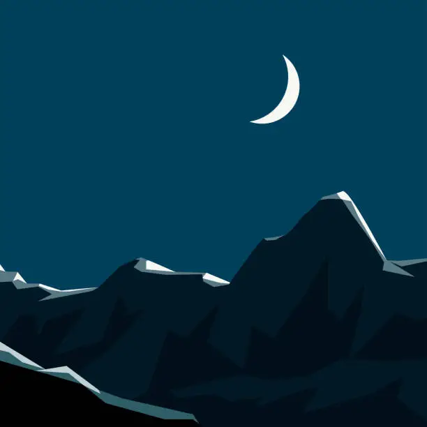 Vector illustration of a snow mountains landscape with bright moon