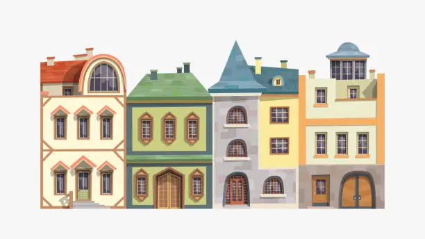 Vector illustration of front view traditional vintage houses in set