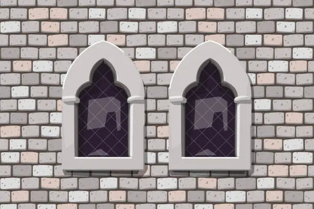 Vector illustration of medieval windows on grey color stone wall