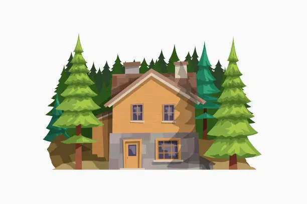 Vector illustration of wooden house front view with pine forest