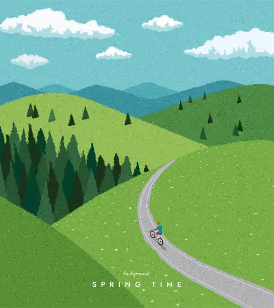 Vector illustration of Cycling man in nature. Mountain landscape. Traveling. Scenic view background. Spring summer outdoor adventure. Web banner, Poster, Card, Book cover. Trendy flat design. Simple vector illustration.