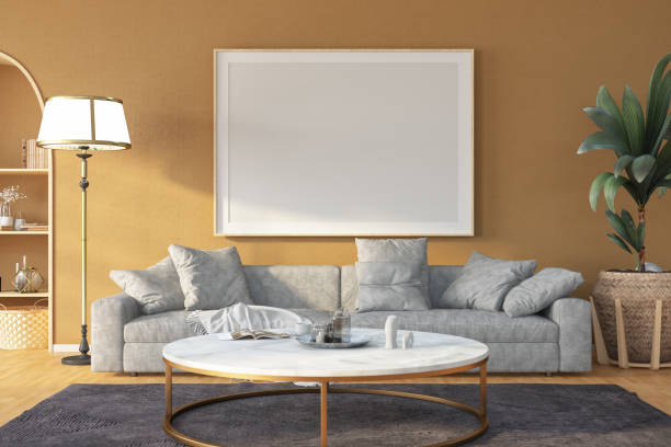 istock Scandinavian Style Beige Living Room with a Sofa and Empty Mock Up Picture Frame 1545273434