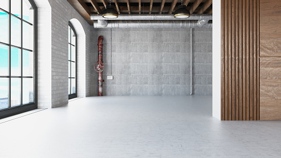 Empty  Industrial Style Loft Apartment. 3D Render