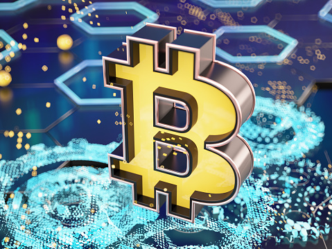 Bitcoin Cryptocurrency Sign with Abstract Futuristic Gears and Background. 3D Render