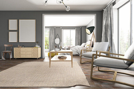 Stylish Living Room and Bedroom with Empty Picture Frames. 3D Render